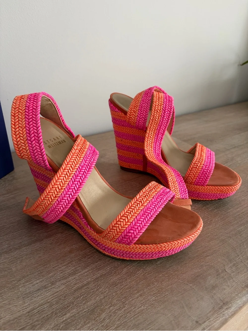Stuart Weitzman Neon Pink & Orange Braided Wedge Sandals - Picture 4 of 6
